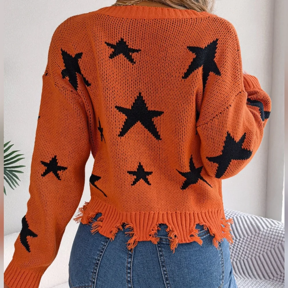 V-Neck Cropped Sweater with Star Pattern & Distressed Hem